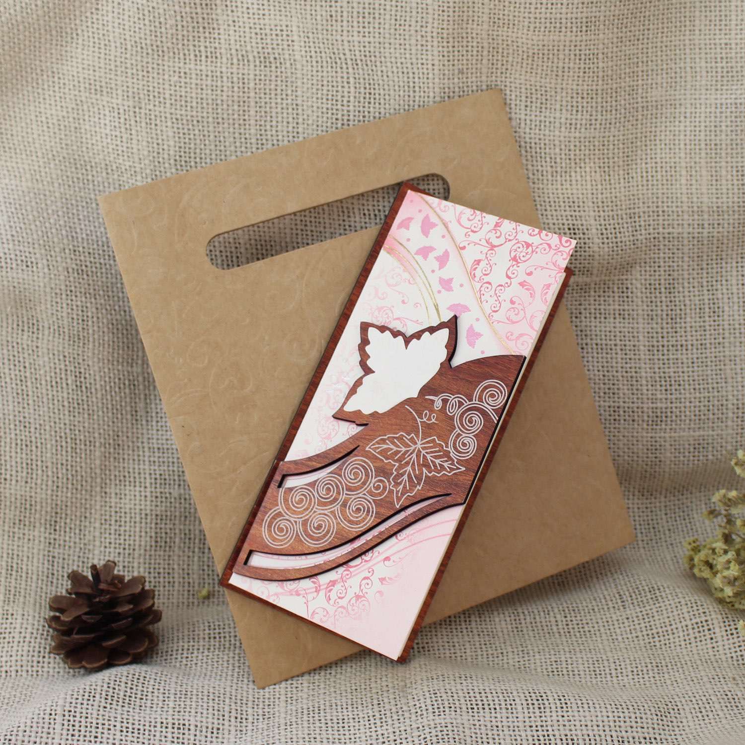 Wooden Invitation Card Half Fold Invitation Pink Wedding Card Customized
